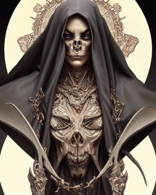 Prompt: portrait of a satanic grim reaper, detailed face, upper body, decorated, intricate, elegant, highly detailed, digital painting, artstation, concept art, smooth, sharp focus, illustration, art by artgerm and greg rutkowski and alphonse mucha, 8 k