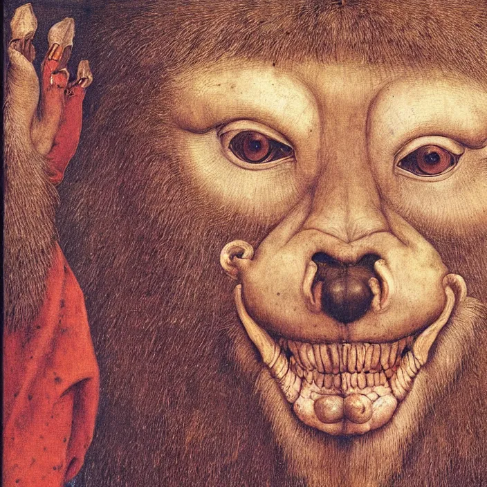 Prompt: close up portrait of a mutant monster creature with mandrill - like nose, baldness, needles portruding through the cheeks, painted forehead, medusae beard. jan van eyck