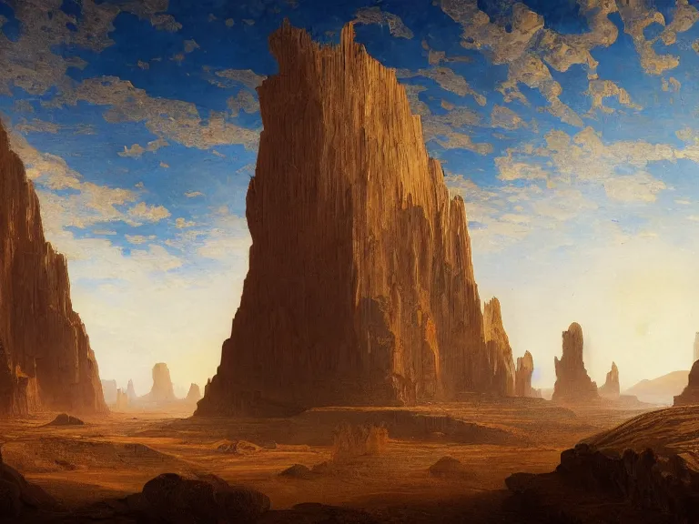 Image similar to an oil painting of a fractal monilith in the center of an alien desert with bright sunlight by carl spitzweg and tuomas korpi. baroque elements, full-length view. baroque element. intricate artwork by caravaggio. Trending on artstation. 8k