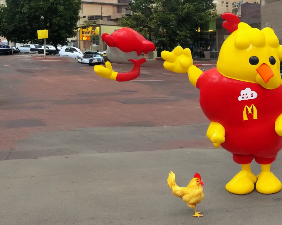 Image similar to the chicken mascot is outside of mcdonald's. it is a yellow chicken with a red mcdonald's hat on its head.