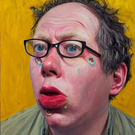 Image similar to high quality high detail painting of todd solondz portrait, sad, showing strong repulsion, pain, no fun ; full of sorrow, by lucian freud and francis bacon, hd, photorealistic lighting