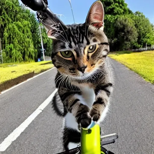 Image similar to a cat riding a bicycle