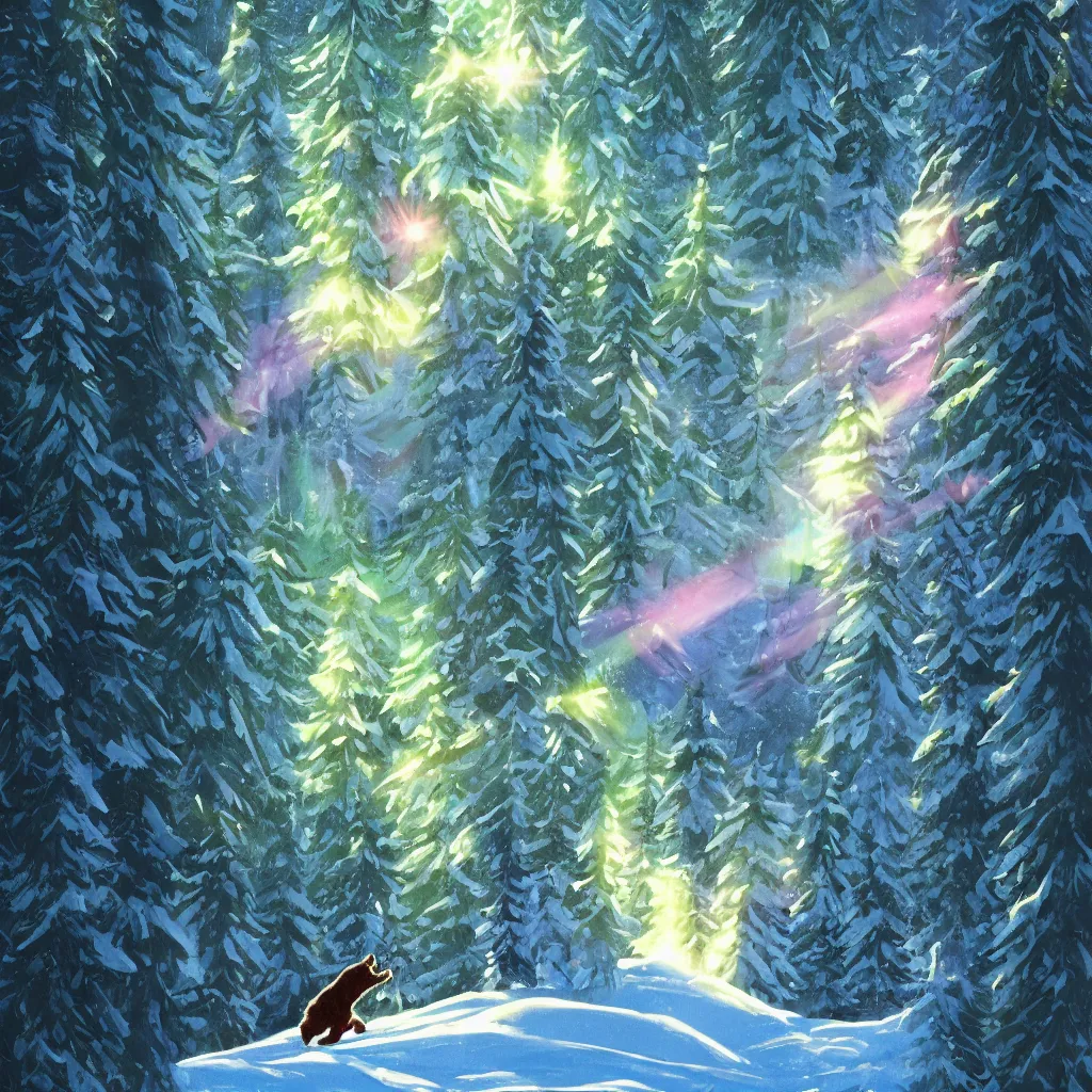 Image similar to a bear skiing down hill through a forest. the bear is a cute humanoid fluffy cub, light rays are shining through the trees above, beautiful light. trending on artstation 4 k award in winning artwork. vivid colors. detailed painting. kids book illustration.