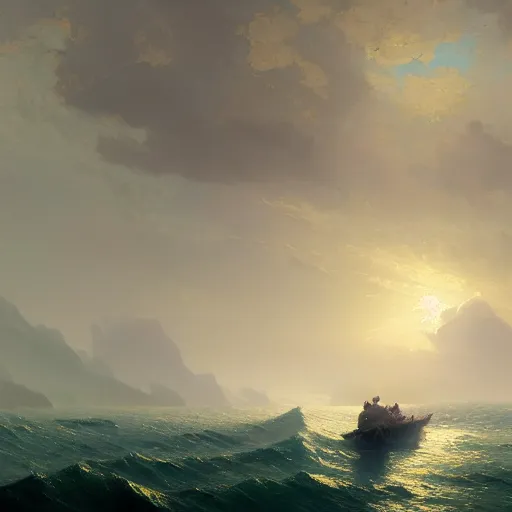 Prompt: a beautiful painting of the sea by ivan aivazovsky and sin jong hun and greg rutkowski. in style of concept art. 4 k texture. ray tracing. sharp lines, hyper detailed. octane render. trending on artstation