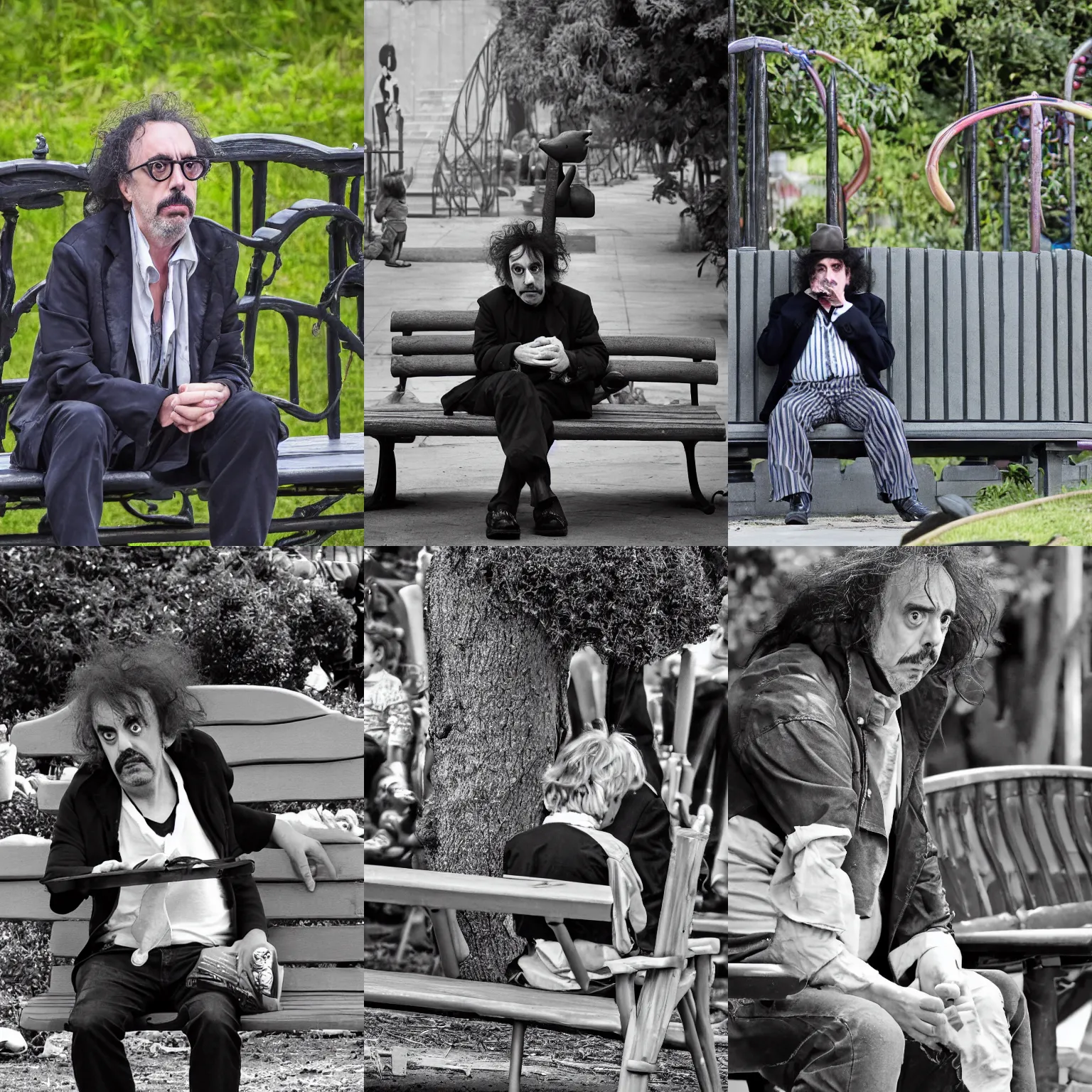 Prompt: Tim Burton seating on a bench looking bored next to a children playground, paparazzi photo, 300mm, high quality