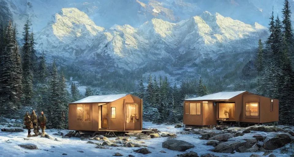 Image similar to cabela's beautiful comfortable community of modular insulated wall container home kit - house all weather military grade family dwelling tent house, person in foreground, mountainous forested wilderness open fields, beautiful views, painterly concept art, environmental concept art, concept art illustration, by james gurney, by craig mullins, by greg rutkowski trending on artstation