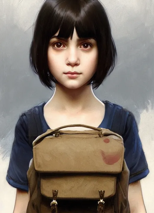 Prompt: Close-up portrait of kind young girl with short black hair in a bob cut, with a backpack, slightly dirty face, portrait, highly detailed, digital painting, artstation, concept art, sharp focus, illustration, art by artgerm and greg rutkowski and alphonse mucha