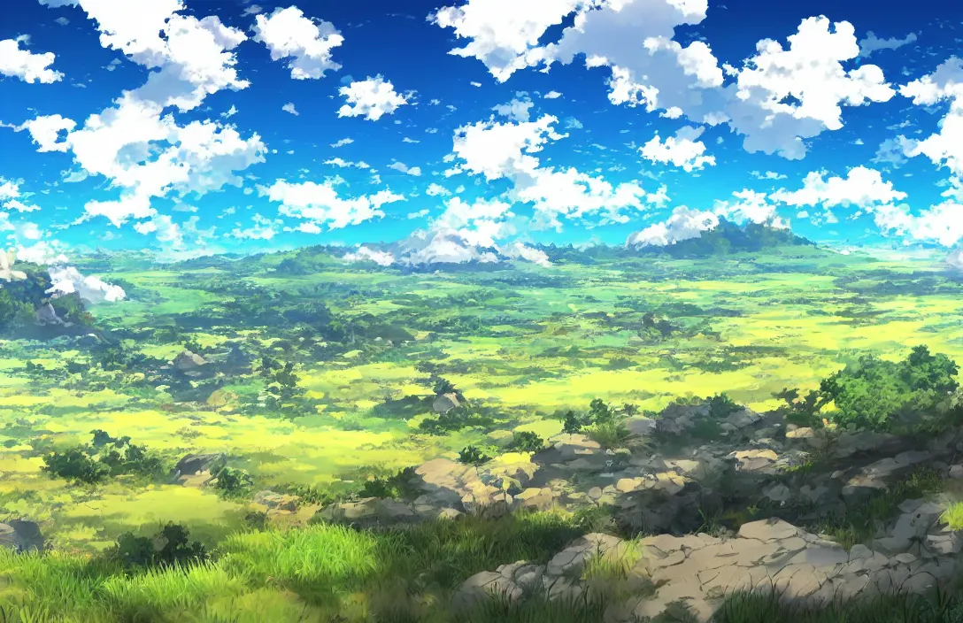 Prompt: Andrew Tate!dream an Anime Background Photo of a Valley with green plains and blue sky