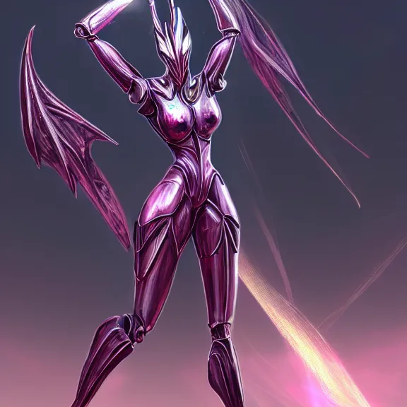 Image similar to extremely detailed giantess shot of a goddess that's a giant beautiful stunning anthropomorphic robot female dragon, standing majestically over mountains, elegant pose, streamlined shiny silver metal armor, fuchsia skin below the armor, sharp metal claws, long elegant tail, detailed warframe fanart, high quality digital art, giantess art, furry art, warframe art, furaffinity, DeviantArt, 8k HD, octane render