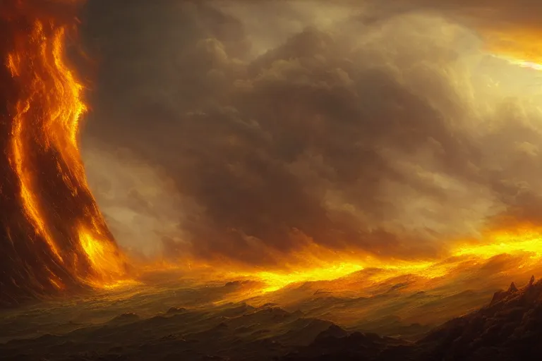 Image similar to a beautiful hyper realistic detailled matte painting of a fiery torrent of wind overflowing with yellow energy, nightfall, barometric projection, by andreas rocha john howe, and martin johnson heade, featured on artstation, featured on behance, ultrawide angle, f 1 6