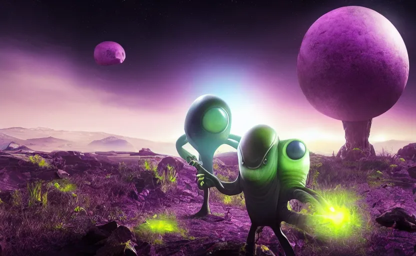 Prompt: grey alien with large black eyes holding an energy rifle on an alien planet with purple soil, green sky, blue and yellow fauna, alien creatures in the background, 3d render, Unreal Engine, octane render, ray tracing, Unity, highly detailed, high quality, HD, 4k, 8k, realistic, sharp, trending