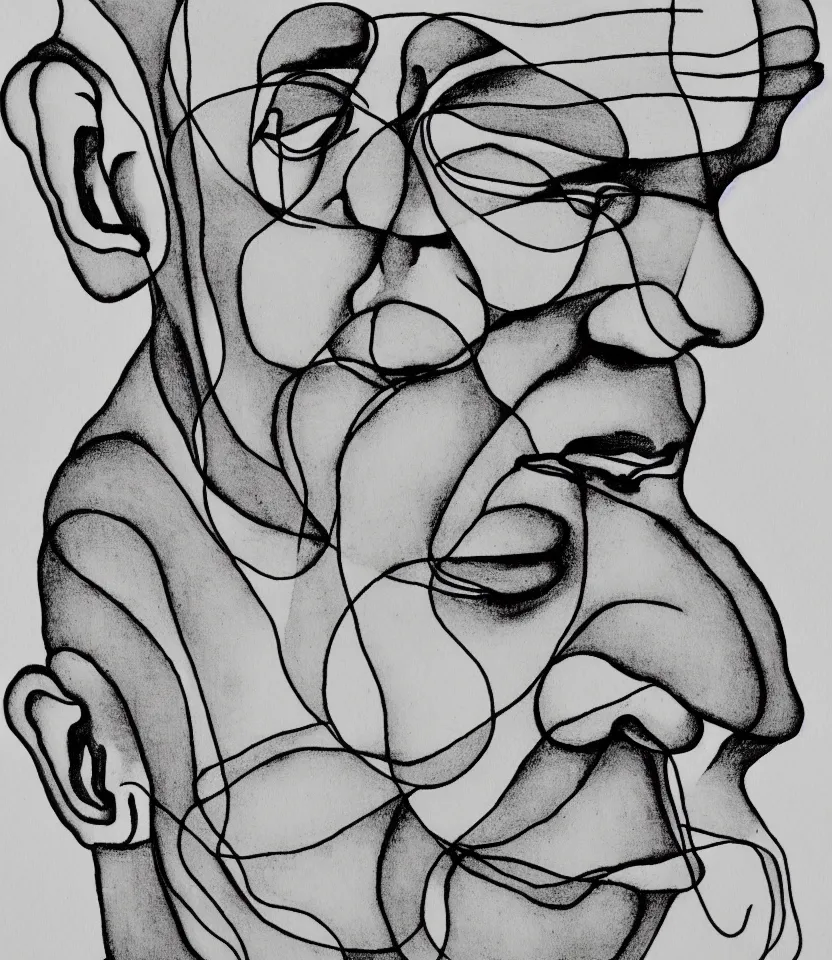 Image similar to elegant line art portrait of mahatma gandhi. inspired by egon schiele. contour lines, graphic musicality, twirls, curls and curves, strong personality, staring at the viewer