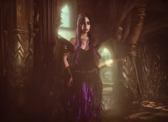 Prompt: Beautiful art portrait of a female fantasy dark sorceress in a eerie mystical fantasy castle, unreal 5, DAZ, hyperrealistic, octane render, dungeons and dragons, dynamic lighting