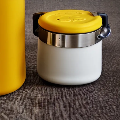 Prompt: yellow coffee mug similar to a rimowa aluminium suitcase, full of steaming coffee