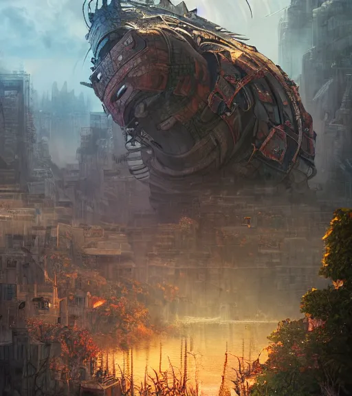 Prompt: an epic fantasy comic book style portrait painting of a apocalyptic city, studio ghibli, unreal 5, daz, hyperrealistic, octane render, cosplay, rpg portrait, dynamic lighting, intricate detail, harvest fall vibrancy, cinematic