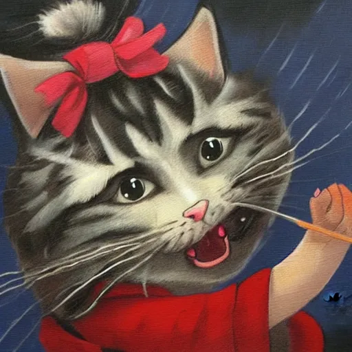 Image similar to a child attempts to hold an extremely angry cat, lowbrow painting by 奈 良 美 智