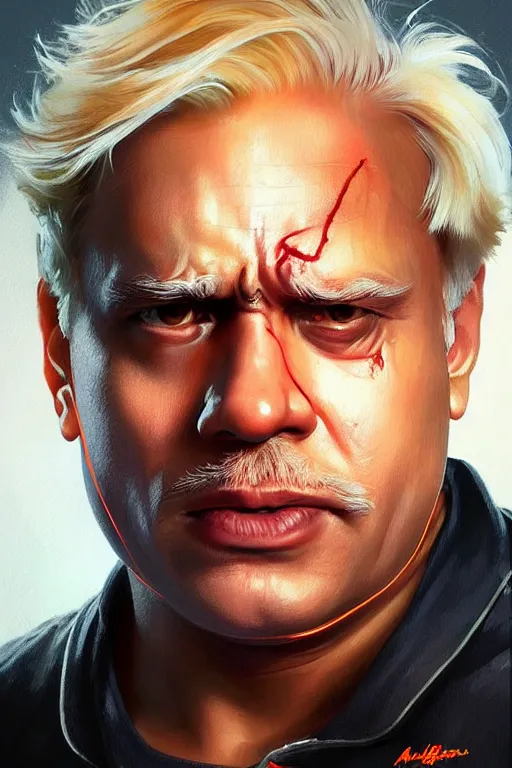 Image similar to Narendra Modi as Terminator, Boris Johnson hairstyle, full body realistic portrait, highly detailed, digital painting, artstation, concept art, smooth, sharp focus, illustration, cinematic lighting, art by artgerm and greg rutkowski and alphonse mucha