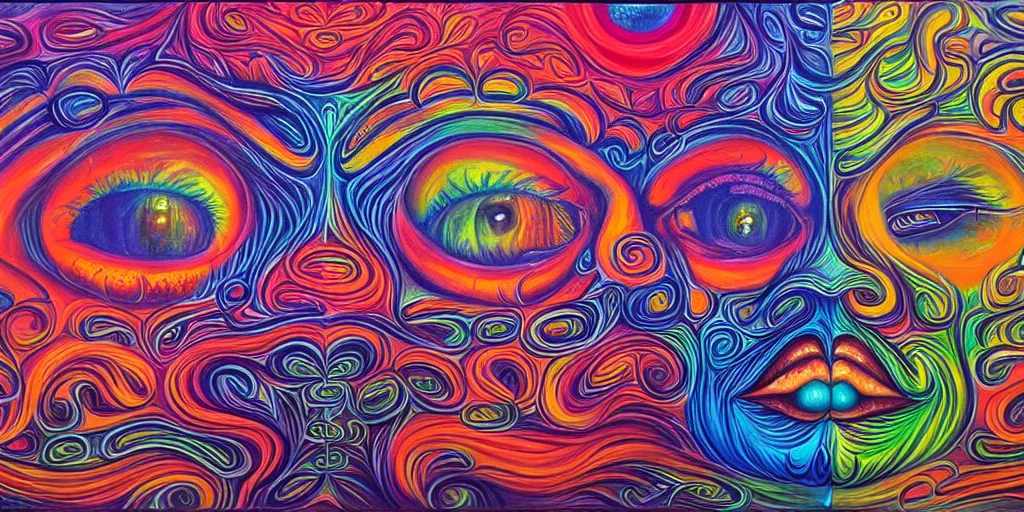 Prompt: love conciousness ( ( ( psychedelic dripping color ) ) ), detailed painting by painting by pablo amaringo alex grey