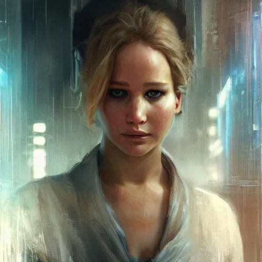 Image similar to jennifer lawrence, hyperrealistic portrait, bladerunner street, art of elysium by jeremy mann and alphonse mucha, fantasy art, photo realistic, dynamic lighting, artstation, poster, volumetric lighting, very detailed face, 4 k, award winning