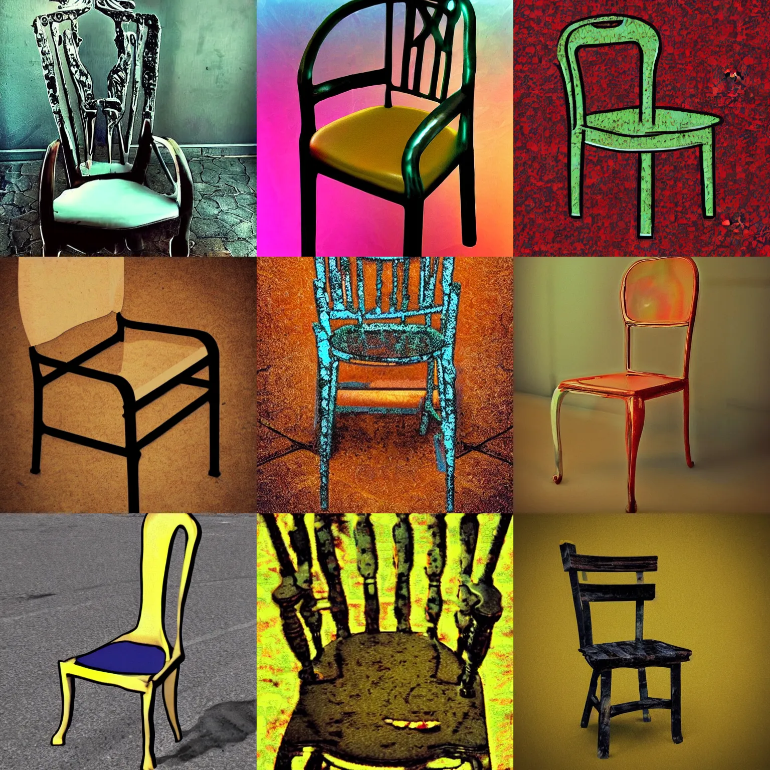 Prompt: a very very surreal deep fried image of ///CHAIR///