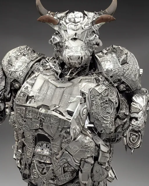 Image similar to a full body shot of an imposing cyborg bull modeled after a bull looking into the camera, contrast lighting, black skin!!!, intricate pattern, hard rubber chest, highly detailed, android, cyborg, full body shot, intricate, 3 d, symmetrical, octane render, fantasy, highly detailed, digital art, artstation, strong bokeh, black face