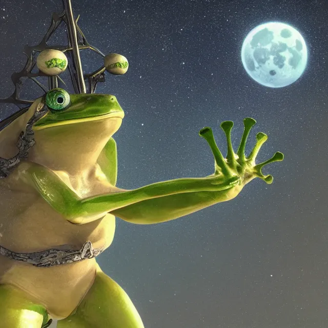 Image similar to a frog! with green muscular body, wear! yellow sleeveless shirt and black sport shorts, jumps to the sky and stars, cosmos, moon, by mucha and caspar david friedrich, atmospheric lighting, intricate detail, cgsociety, hyperrealistic, octane render, rpg portrait, ambient light, dynamic lighting