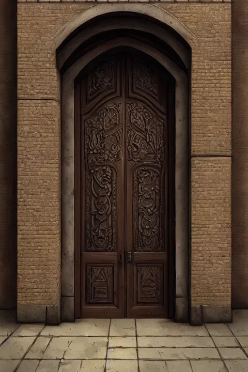 Prompt: full photo of a stunning wooden door with engravings. architecture. wooden frames. cement building. city street. trending on artstation. cgsociety. art by greg rutkowski and thomas kinkade