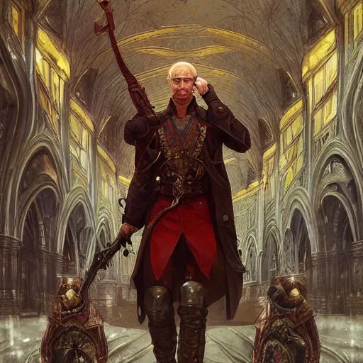 Prompt: Bloody Putin in Kremlin, fantasy, intricate, highly detailed, digital painting, artstation, concept art, smooth, sharp focus, illustration, art by artgerm and greg rutkowski and alphonse mucha