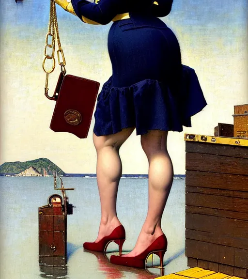 Image similar to a fancy beautiful plump young lady holding a purse standing on a wharf at the edge of the sea by brom and gil elvgren and jean delville and william blake and norman rockwell and michael whelan, crisp details, hyperrealism, high contrast, feminine facial features, stylish navy blue heels, gold chain belt, cream colored blouse, maroon hat