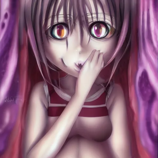 Image similar to big-eyed shoggoth anime girl deviantart by amano yoshitaka hd 8k hyperreality