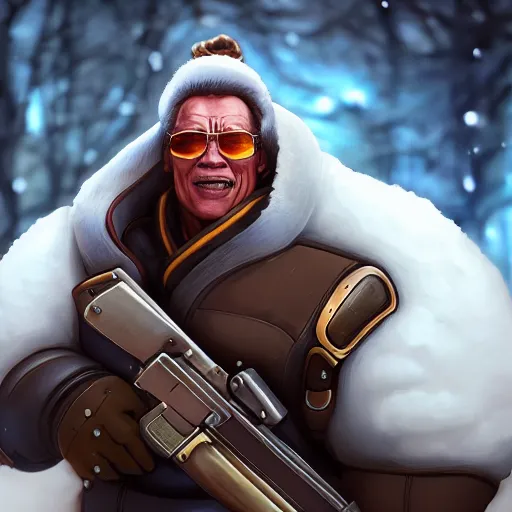 Image similar to a screenshot of arnold schwarzenegger as mei in the snow shooting frost gun in overwatch, portrait, fantasy, beautiful face, vivid colors, elegant, concept art, sharp focus, digital art, hyper - realistic, 4 k, unreal engine, highly detailed, hd, dramatic lighting by brom, trending on artstation