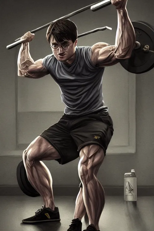 Image similar to highly detailed rendering of Daniel Radcliffe as Harry Potter doing barbell back squats, dingy workout gym, wearing a muscle tee shirt, muscular deep squats, symmetrical, highly detailed, digital painting, artstation, concept art, smooth, sharp focus, illustration, cinematic lighting, art by artgerm and greg rutkowski and alphonse mucha