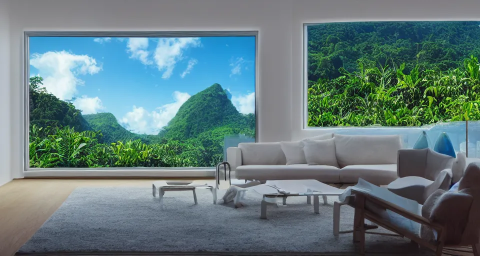 Image similar to big window, mountains in background, cloud forest in background, tropical beach in background, late afternoon, clear sky, living room, furniture, IKEA catalogue, futuristic, ultra realistic, ultra detailed, cinematic light, anamorphic, by Paul Lehr