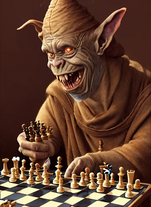 Prompt: highly detailed closeup portrait of a medieval goblin playing chess, stephen bliss, unreal engine, greg rutkowski, ilya kuvshinov, ross draws, hyung tae and frank frazetta, tom bagshaw, tom whalen, nicoletta ceccoli, mark ryden, earl norem, global illumination, god rays, detailed and intricate environment