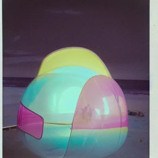 Image similar to a pastel colour high fidelity Polaroid art photo from a holiday album at a seaside with abstract inflatable parachute furniture ((and some spheres)), all objects made of transparent iridescent Perspex and metallic silver, no people, iridescence, nostalgic