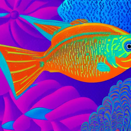 Prompt: one stylized fish with saturated colors viewed in profile in the ocean filled with very desaturated colors and complex sparkles and patterns, artstation, intricate, realistic, highly detailed, digital painting, concept art, sharp focus, illustration by tom whalen and charles williams and kilian eng and james jean