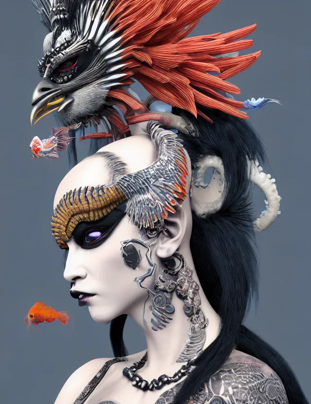 Image similar to 3 d goddess close - up profile portrait punk with mohawk with ram skull. beautiful intricately detailed japanese crow kitsune mask and clasical japanese kimono. betta fish, jellyfish phoenix, bio luminescent, plasma, ice, water, wind, creature, artwork by tooth wu and wlop and beeple and greg rutkowski