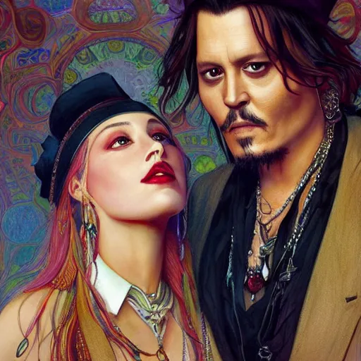 Image similar to johnny depp and amber heard on the style and color pallete of fleetwood mac's album rumours, intricate, elegant, highly detailed, digital painting, artstation, smooth, sharp focus, illustration, art by artgerm and greg rutkowski and alphonse mucha, cinematic