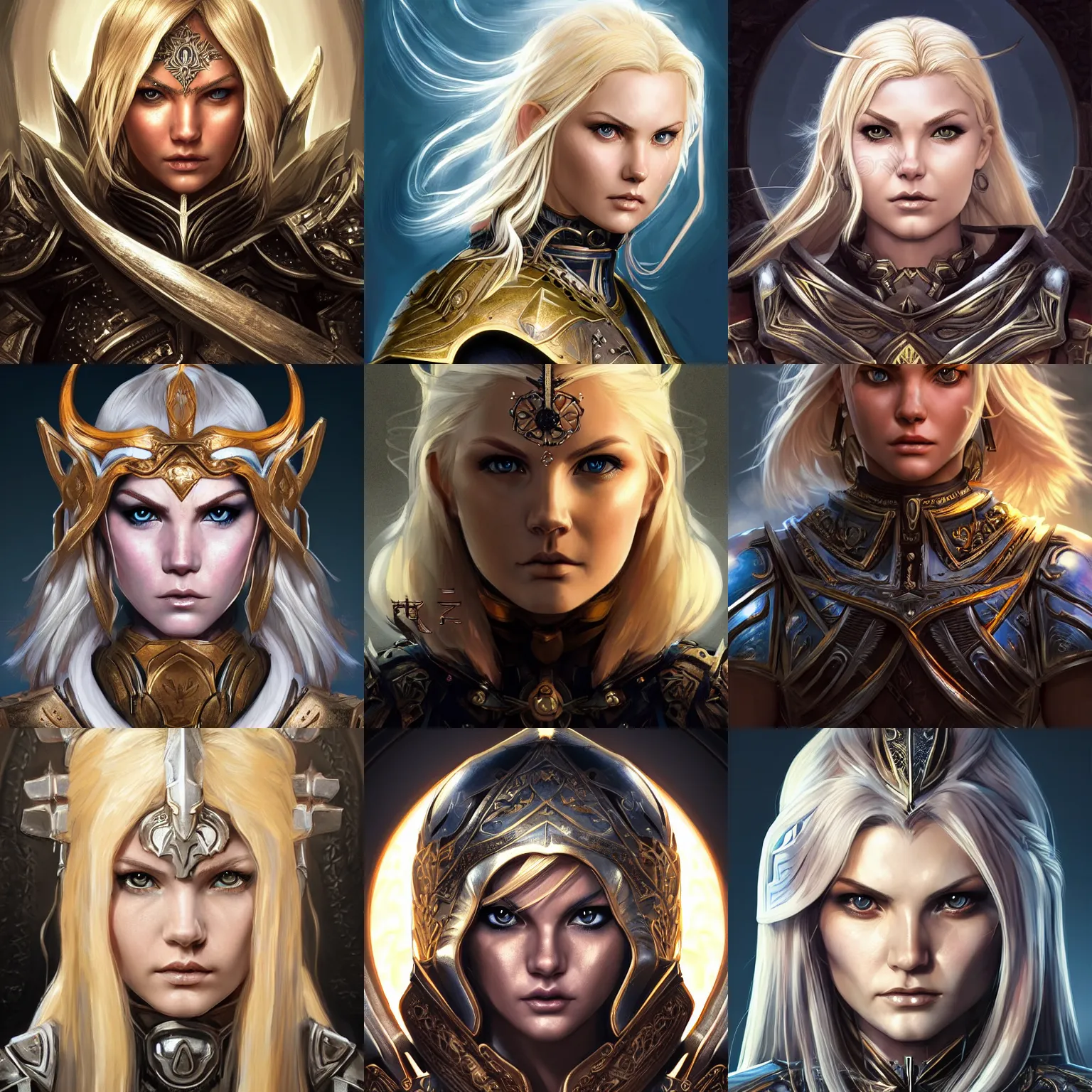Prompt: head-on centered symmetrical RPG avatar portrait, Elisha Cuthbert as a holy paladin, blonde hair, ornate steel armour, dramatic lighting, intricate, wild, highly detailed, digital painting, smooth, sharp focus, illustration, dramatic lighting, artstation, in the style of artgerm and greg rutkowski
