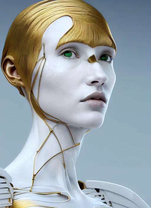 Image similar to a statue made of white marble with gold veins, of an beautiful gorgeous futuristic cybernetic angel girl, prostheses, transhumanism, full body shot, perfect symmetrical body, perfect symmetrical face, hyper realistic, hyper detailed, by johannen voss, by peter kemp, by monia merlo, by michelangelo, octane render, blender, 8 k