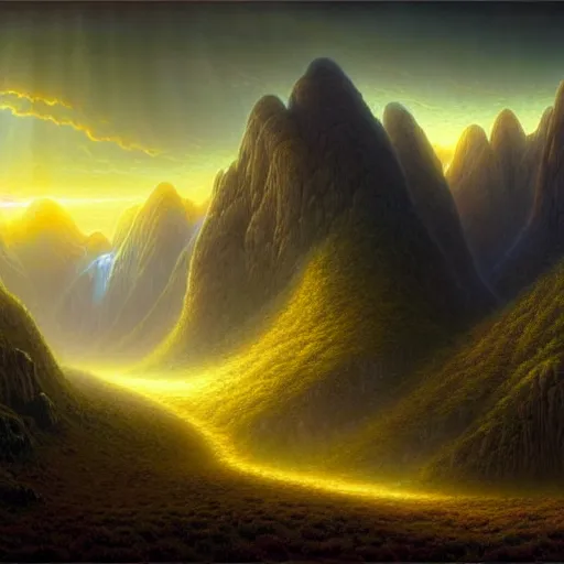 Prompt: of an impossible landscape with a infinite multi dimension portal, a beautiful ultradetailed matte painting a lush mountain range at dusk by tomasz alen kopera and Justin Gerard and Dan Mumford, tarot card, dazzling energy, ultra wide angle shot, high angle shot, intricate, fractal magic, rays of god, hyperdetailed, micro details, volumetric lighting, 8k, ray tracing, polarized lens
