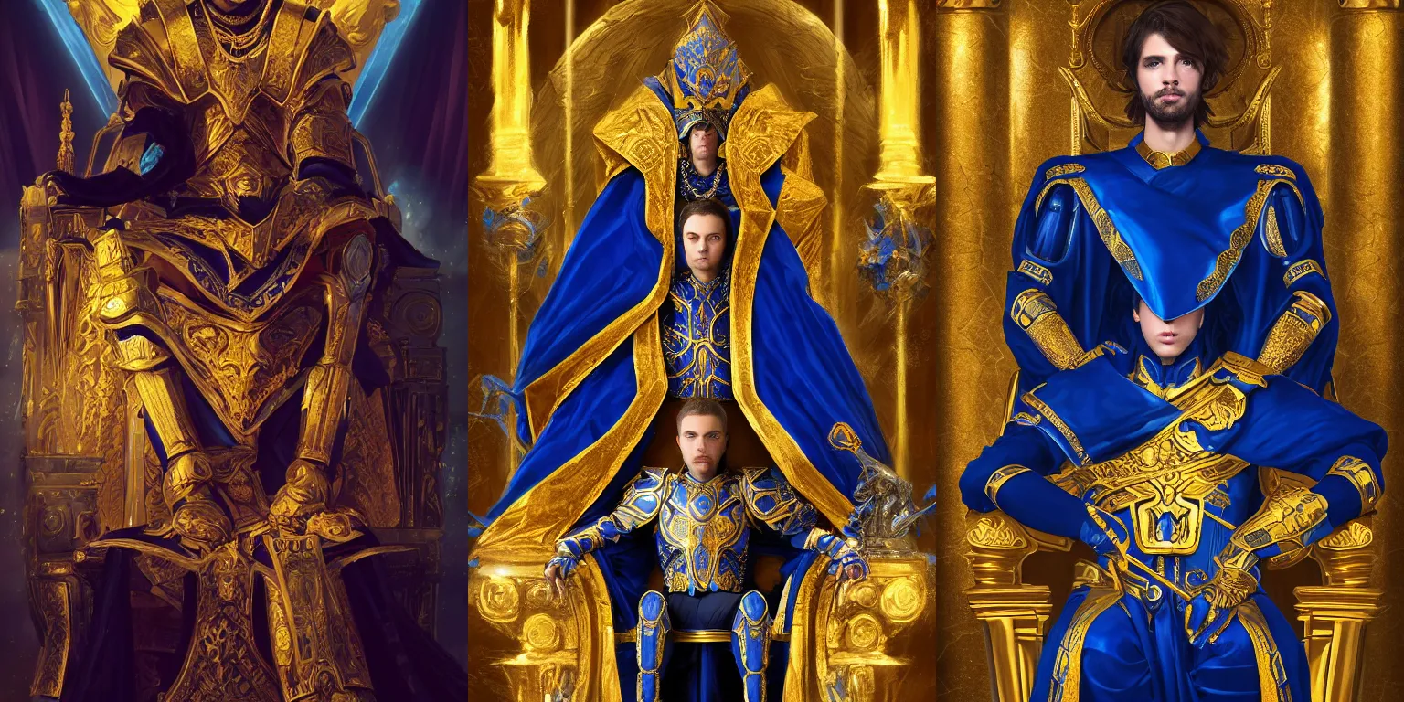 Prompt: Half-length portrait of the azur emperor sitting on its throne. Blue clothing, gold armor. Dramatic and atmospheric lighting. High fantasy, digital art, HD, 4k, detailed.