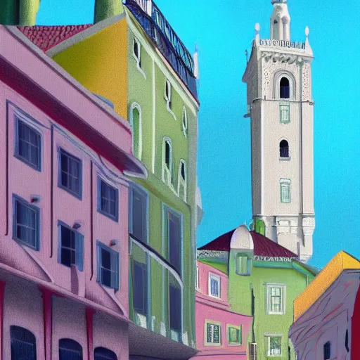 Prompt: city of lisbon, concept art, pastel soft colors, in the style of robert hickox, oscar galvan