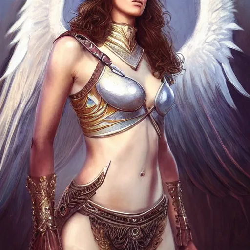 Image similar to portrait of young aasimar angel girl maiden wearing comfy leather armor with beautiful feathered angel wings, Alessandra Ambrosio, innocent, intricate, elegant, highly detailed, digital painting, artstation, concept art, smooth, sharp focus, illustration, art by artgerm and greg rutkowski and alphonse mucha