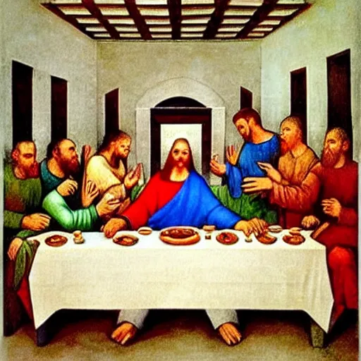 Image similar to a World War II Russian Soviet propaganda poster showing The Last Supper by Leonardo da Vinci