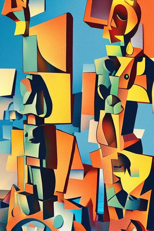 Image similar to cubist moai statue cutout digital illustration cartoon colorful beeple