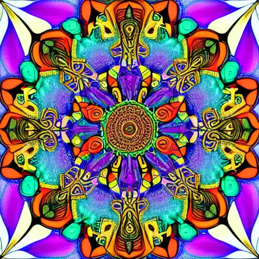 Image similar to vividly colored ornate psychedelic mandala pattern, intricate detail, complex patterns, high detail, symmetry