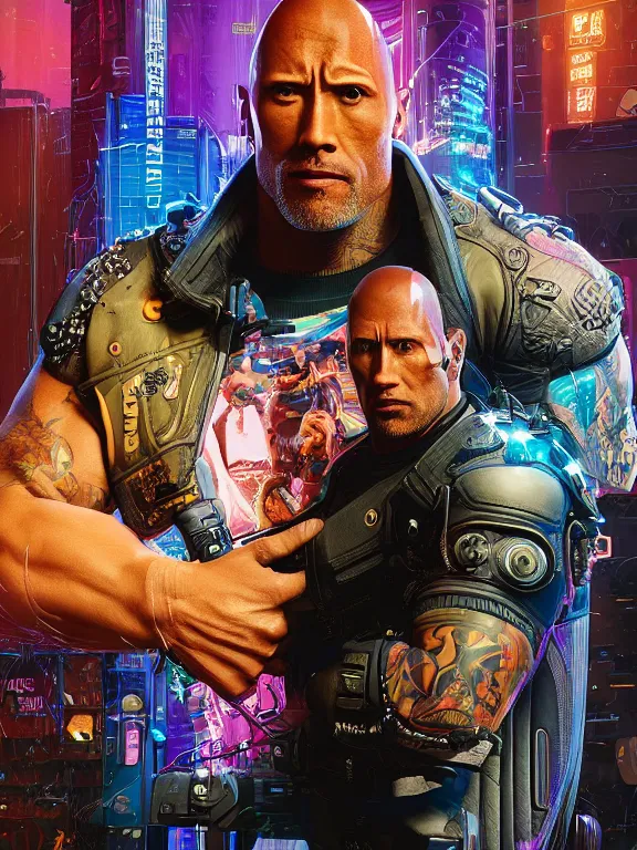 Image similar to a cyberpunk 2077 portrait of Dwayne Johnson holding a female android with tango pose,complex mess of cables and wires behind them connected to giant computer, love moive,film lighting, by laurie greasley,Lawrence Alma-Tadema,William Morris,Dan Mumford, trending on atrstation, full of color,face enhance, highly detailed,8K, octane,golden ratio,cinematic lighting