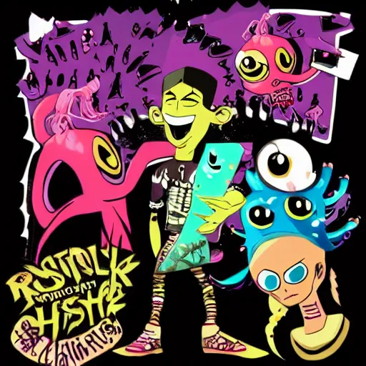 Image similar to psychic punk rocker electrifying rockstar with a giant vampiric squid for a head concept character designs of various shapes and sizes by genndy tartakovsky and splatoon by nintendo and the psychonauts franchise by doublefine tim shafer artists as well as the artist for the new hotel transylvania film