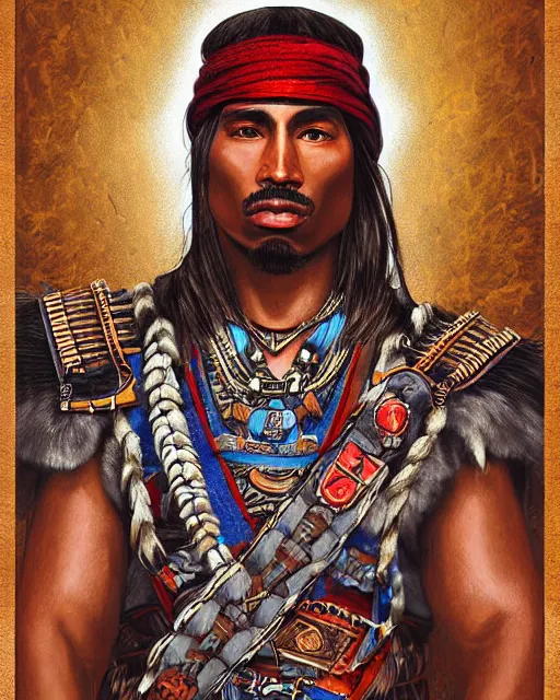 Image similar to digital painting of tupac amaru, incan warrior, by filipe pagliuso and justin gerard, symmetric, fantasy, highly detailed, realistic, intricate, portrait, sharp focus, tarot card